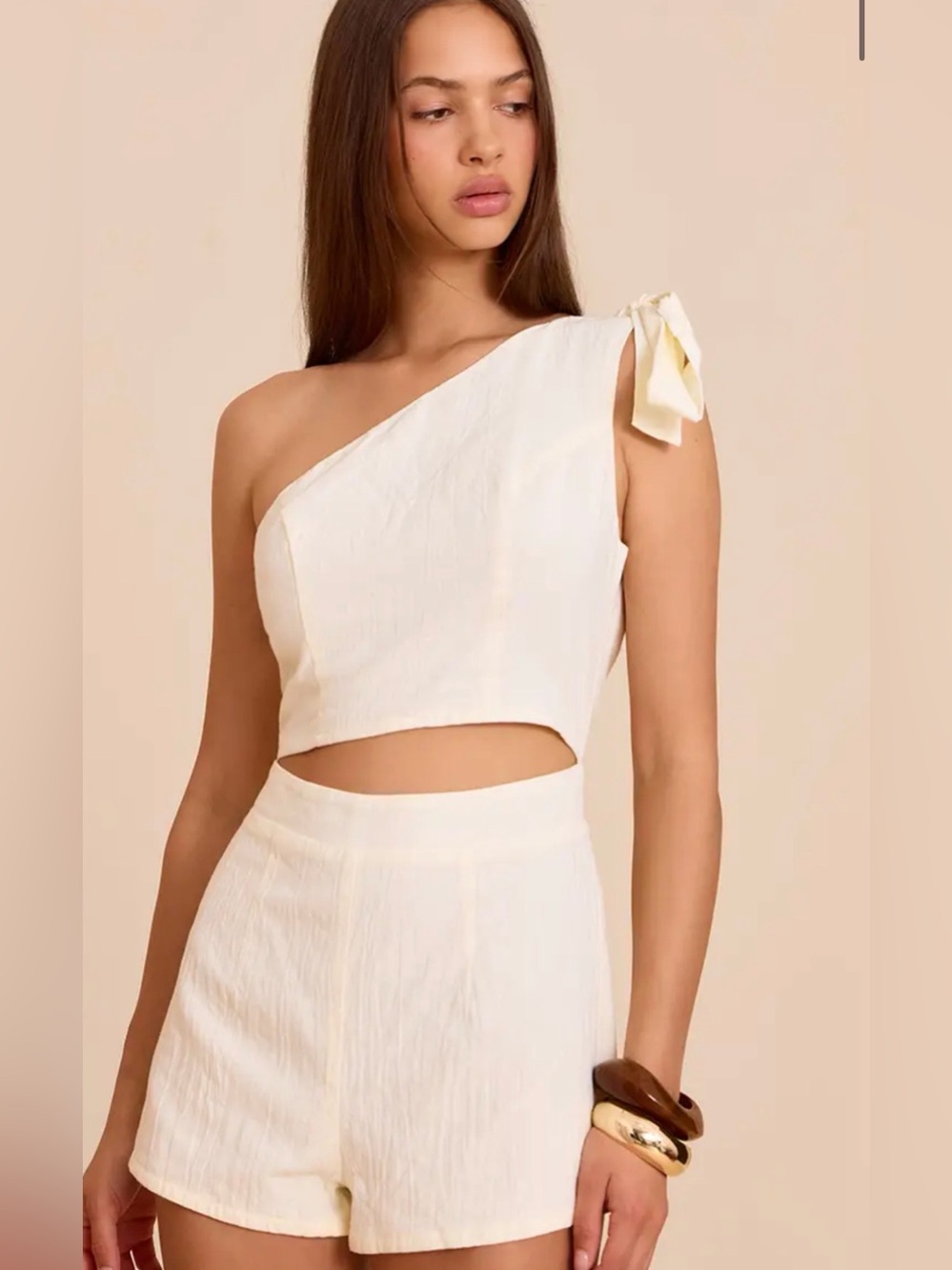 PrettyLittleThing Cream One-Shoulder Tie Crop Top & Shorts Set